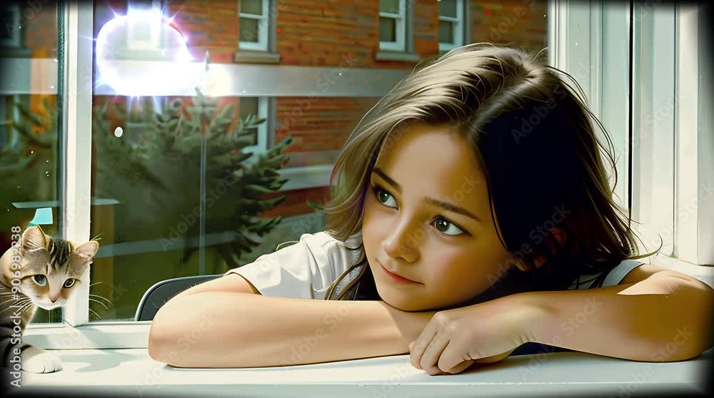 A girl sits by the window, gazing dreamily outside, with a kitten sitting next to her and looking around.
A girl sits by the window, gazing dreamily outside, with a kitten sitting next to her and looking around.