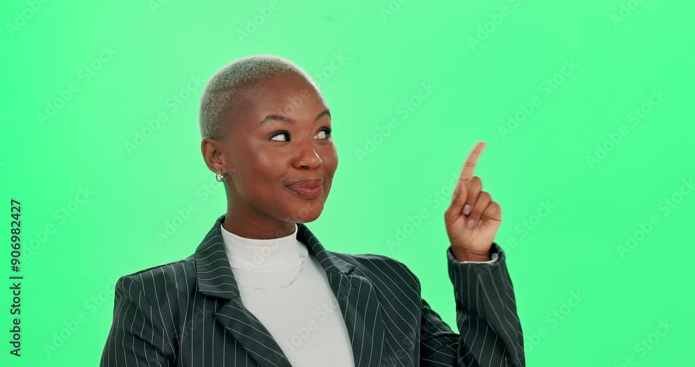 Happy woman, portrait and pointing on green screen, studio or mockup background. Excited black businesswoman, smile and advertising business promotion, product placement or show choice approval Happy woman, portrait and pointing on green screen, studio or mockup background. Excited black businesswoman, smile and advertising business promotion, product placement or show choice approval