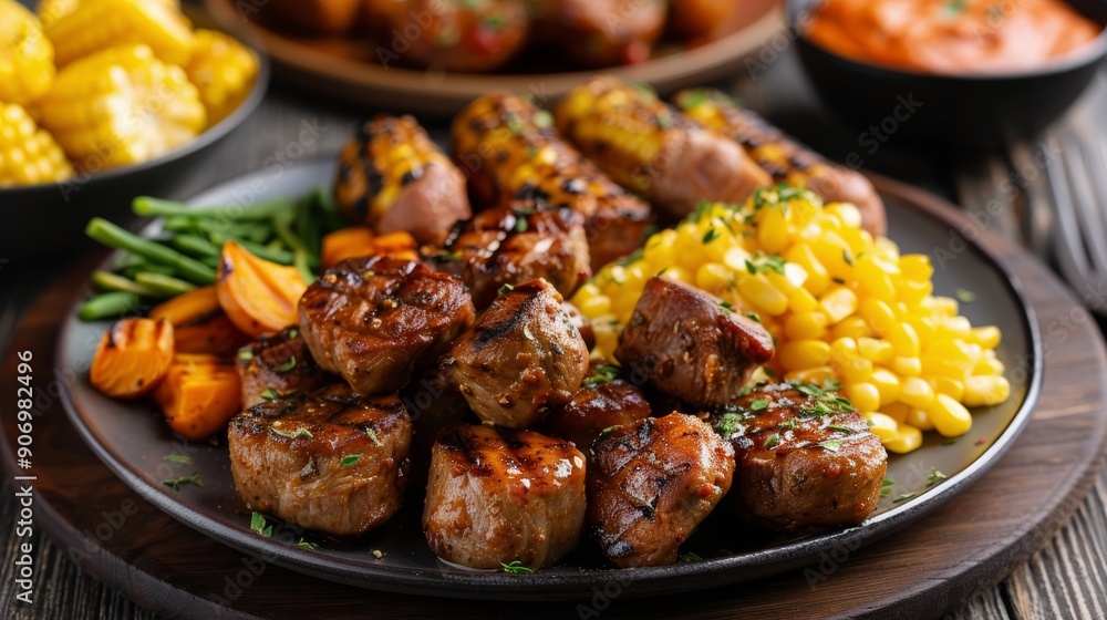 Grilled Chicken Skewers With Corn and Salad on a Wooden Table Grilled Chicken Skewers With Corn and Salad on a Wooden Table