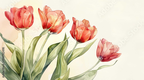 Watercolor botanical illustration of tulips with gradient washes, smooth and delicate edges, light background