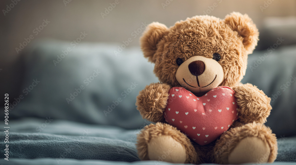 Obraz premium Teddy Bear's Tender Embrace: A cuddly brown teddy bear clutches a heart pillow, radiating warmth and affection. Perfect for love, childhood, and comfort themes. 