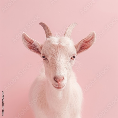 Medium shot of a goat, isolated on a light solid pastel white background 