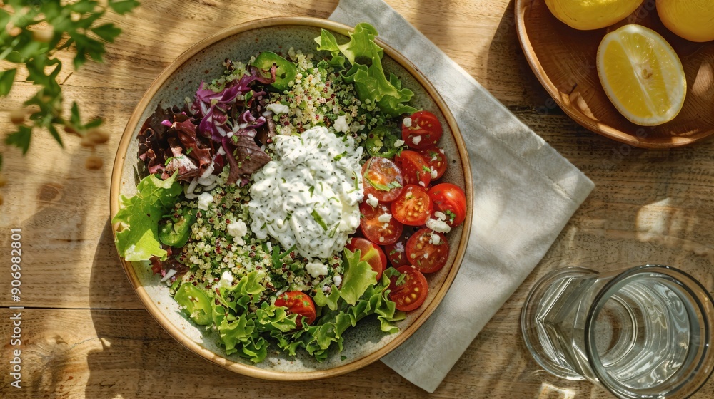 a bowl of salad on a table next to a glass of water a bowl of salad on a table next to a glass of water