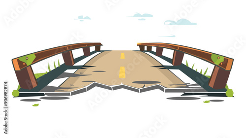 Cartoon style broken bridge, wooden structure, damaged road, isolated white background. Cracked bridge road yellow line, cartoon destruction, outdoor scene. Collapsed wooden bridge, concept, safety