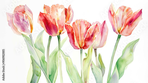 Wallpaper Mural Watercolor botanical illustration of tulips with soft blending, gentle transitions, light and airy, white background Torontodigital.ca