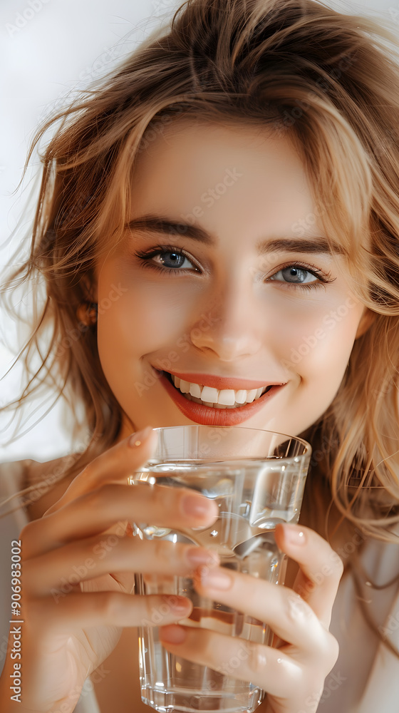Close up beautiful smiling Asian woman holding glass of water isolated on white background Close up beautiful smiling Asian woman holding glass of water isolated on white background