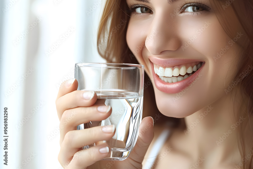 Close up beautiful smiling Asian woman holding glass of water isolated on white background Close up beautiful smiling Asian woman holding glass of water isolated on white background