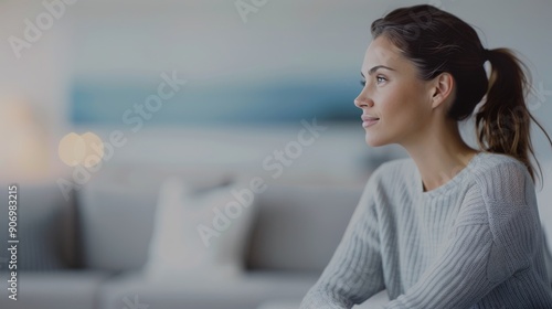 Thoughtful Woman in Cozy Sweater Reflects in Bright Living Room During Daytime
