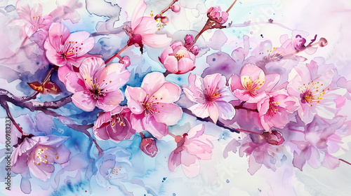 Watercolor cherry blossoms detailing with fine brushes, intricate and vibrant designs, light background