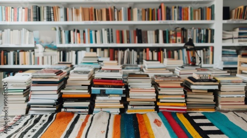 Stacked Books on a Colorful Table Runner in a Cozy Home Office Workspace
