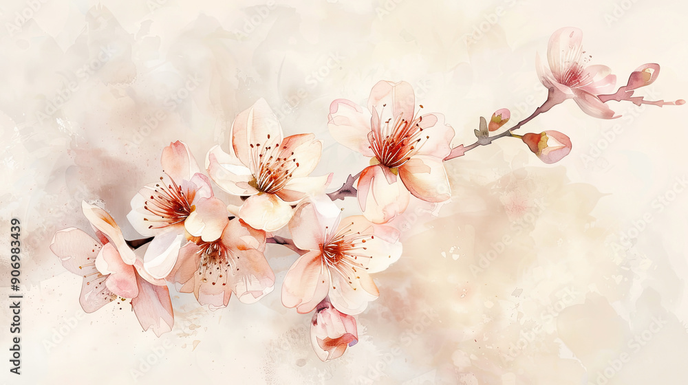 Watercolor cherry blossoms in wet-on-dry style, delicate and detailed, bright pastel shades, light beige background Watercolor cherry blossoms in wet-on-dry style, delicate and detailed, bright pastel shades, light beige background