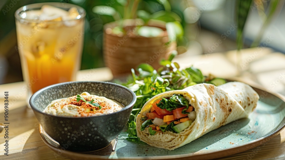 a plate with a burrito and a bowl of salsa a plate with a burrito and a bowl of salsa