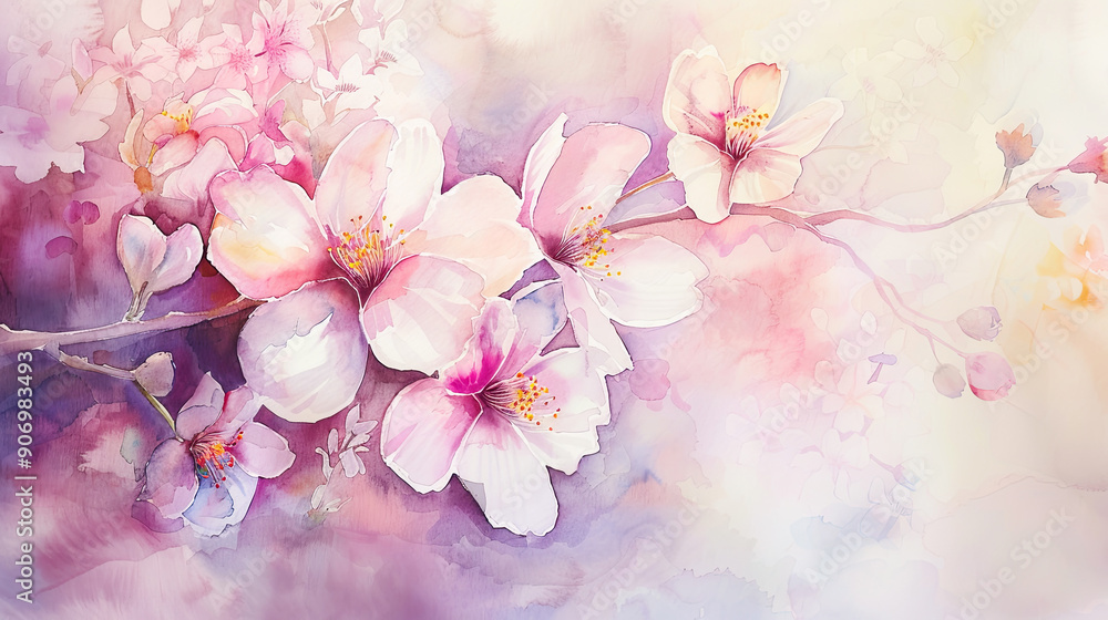 Watercolor cherry blossoms in wet-on-dry style, detailed petals in spring shades, pastel background Watercolor cherry blossoms in wet-on-dry style, detailed petals in spring shades, pastel background
