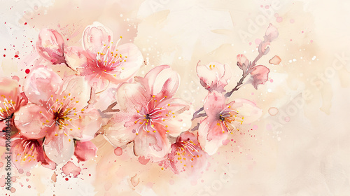 Watercolor cherry blossoms in wet-on-dry style, delicate and detailed, bright pastel shades, light beige background