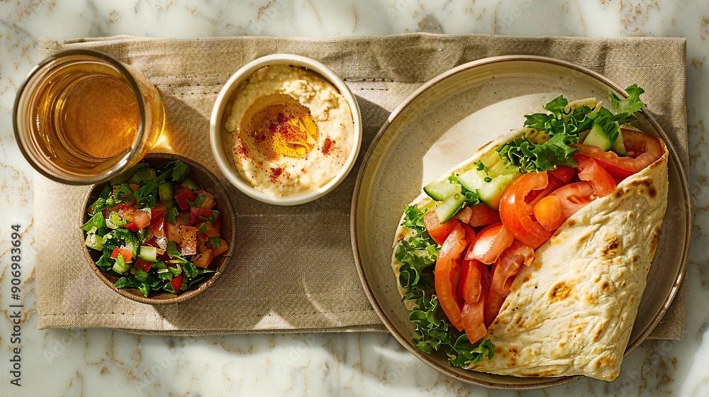 a tortilla with tomatoes, lettuce, and a side of dip a tortilla with tomatoes, lettuce, and a side of dip