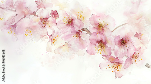 Watercolor cherry blossoms in wet-on-wet style, soft blending of pinks and yellows, white background