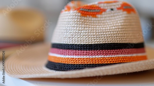 Colorful Woven Hat Displayed on Table in Bright Store Interior