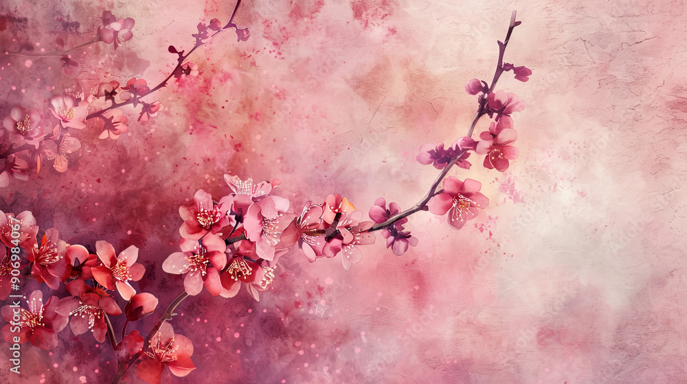 Watercolor cherry blossoms using layering (glazing), rich and deep spring colors, elegant and serene, textured paper background Watercolor cherry blossoms using layering (glazing), rich and deep spring colors, elegant and serene, textured paper background