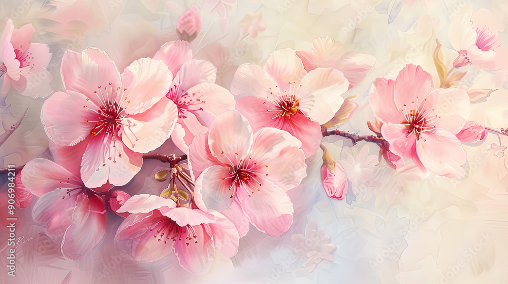 Watercolor cherry blossoms using lifting, soft and light pastels creating delicate highlights, light background Watercolor cherry blossoms using lifting, soft and light pastels creating delicate highlights, light background