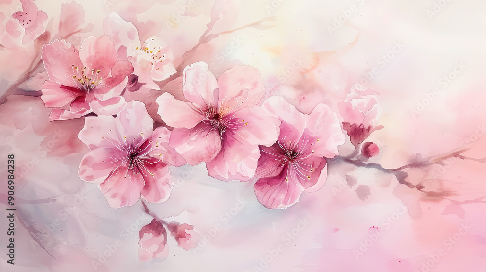 Watercolor cherry blossoms using lifting, soft and light pastels creating delicate highlights, light background Watercolor cherry blossoms using lifting, soft and light pastels creating delicate highlights, light background
