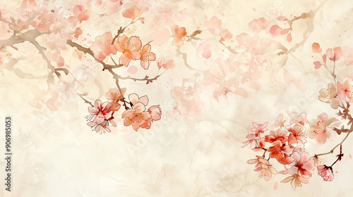 Watercolor cherry blossoms with gradient washes, seamless transitions in soft spring hues, light beige background