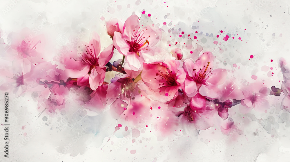 Watercolor cherry blossoms with splattering, dynamic and energetic splashes, bright spring colors, light gray background Watercolor cherry blossoms with splattering, dynamic and energetic splashes, bright spring colors, light gray background