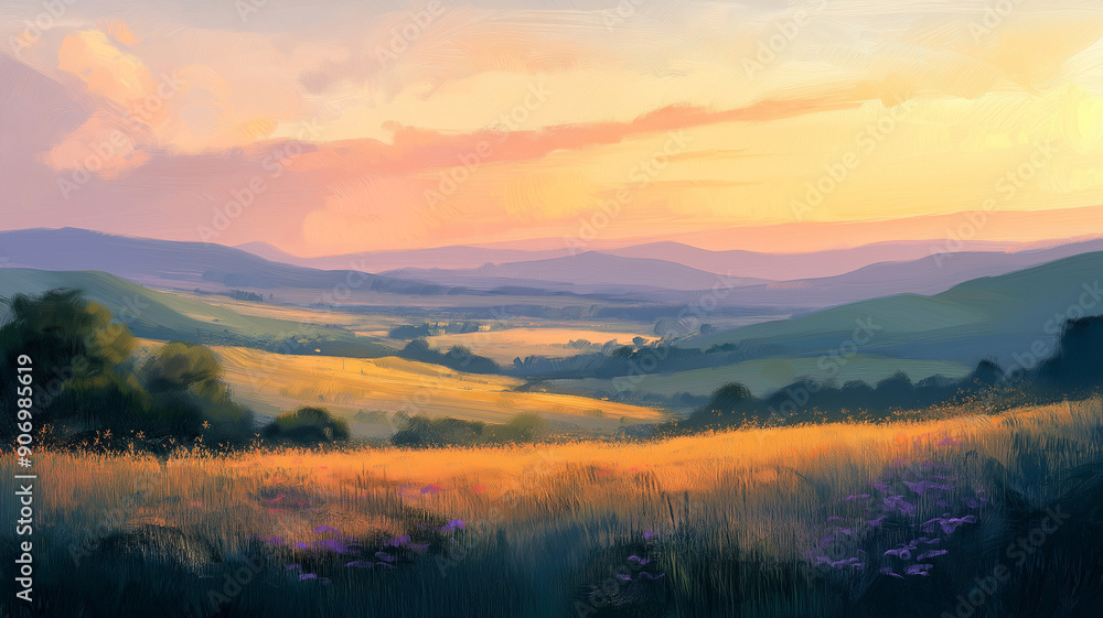 Idyllic Sunset Over Rolling Hills and Fields Idyllic Sunset Over Rolling Hills and Fields