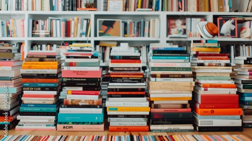 Stacked Books on a Colorful Table Runner in a Cozy Home Office Workspace