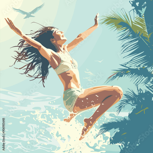 Young woman enjoys freedom leaping beach, water splash, summer joy. Female freedom celebration, beach, happiness concept, euphoric leap. Energetic, woman sunny beach