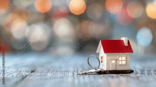 Small White Wooden House Model With Keys on Rustic Table Against Blurred Back...