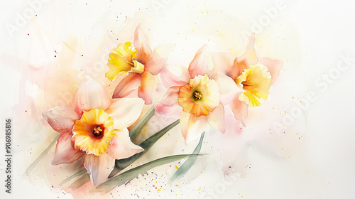 Watercolor daffodils in wet-on-wet style, soft blending of pinks and yellows, white background
