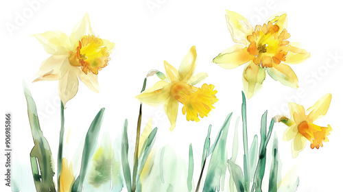 Watercolor daffodils in wet-on-wet style, vibrant spring colors blending softly, white background