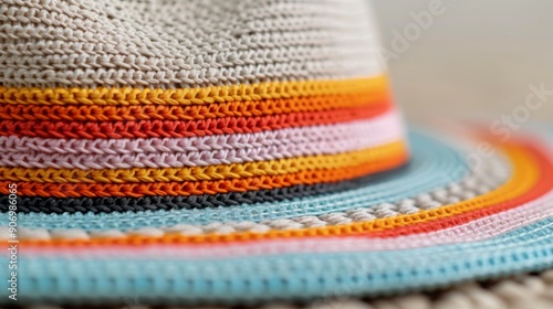 Colorful Woven Hat Displayed on Table in Bright Store Interior