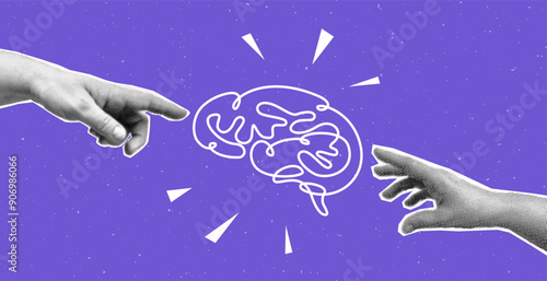 Collage with halftone hand and human brain. Modern vector pop art retro style illustration. Design element for infographic, poster, website, card