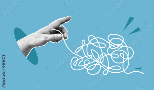 Collage of mental health concept with halftone hand and tangled ball. Psychologic therapy session concept and help in fighting stress, depression, emotional burnout and other psychological problems