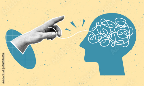Collage of mental health concept with halftone hand and human head. Psychologic therapy session concept and help in fighting stress, depression, emotional burnout and other psychological problems