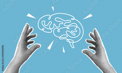 Collage with halftone hand and human brain. Modern vector pop art retro style illustration. Design element for infographic, poster, website, card