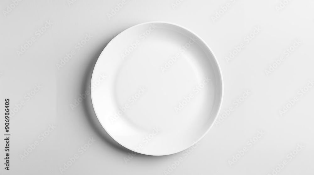 Empty white ceramic dish plate mock up top view, white table and empty white plate minimalistic mock up background. Empty white ceramic dish plate mock up top view, white table and empty white plate minimalistic mock up background.