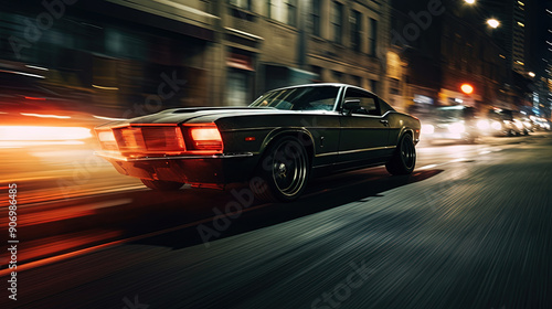 Street racing scene with sport car in neon lights. Speed lines and light trails of night urban drive.