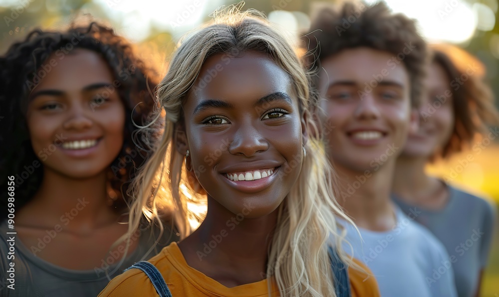 A cheerful group of young friends smiling at the camera, taking a selfie portrait with a smart mobile phone at the park, embodies youth and friendship. A cheerful group of young friends smiling at the camera, taking a selfie portrait with a smart mobile phone at the park, embodies youth and friendship.