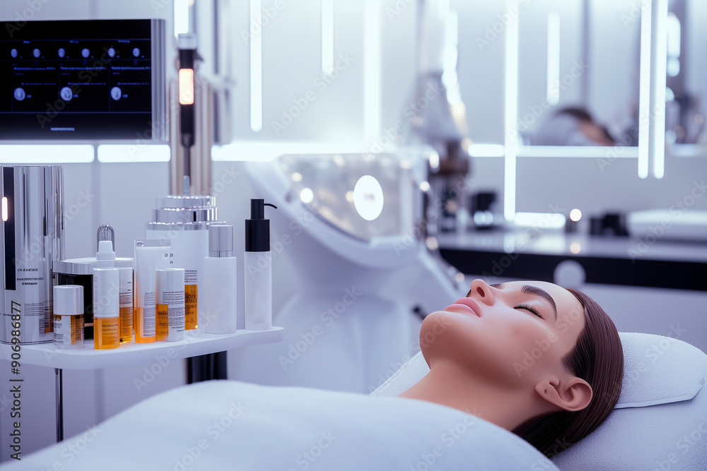 Obraz premium a highly detailed, hyperrealistic photo of an upscale cosmetological procedure. The setting is a modern, high-end spa with sleek, minimalist design elements. The client is lying comfortably