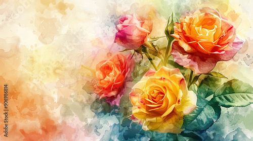 Wallpaper Mural Watercolor garden roses using layering (glazing), creating depth with bold colors, textured paper background Torontodigital.ca