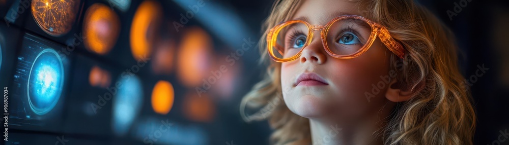 Curious Child Gazing at a Futuristic Display. Curious Child Gazing at a Futuristic Display.