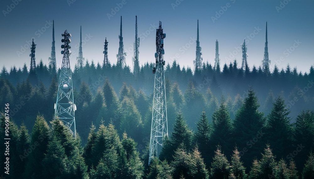 A serene forest with towering trees integrated with sleek, modern communication towers, blending technology and nature harmoniously. A serene forest with towering trees integrated with sleek, modern communication towers, blending technology and nature harmoniously.