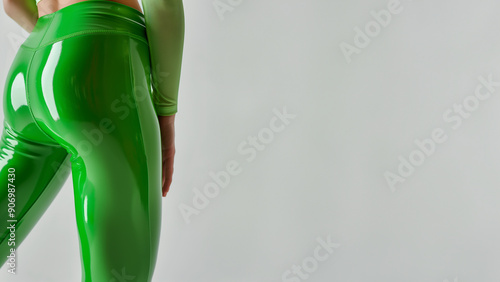 Schlankes Modell in nahtlose Figurbetonte Grüne Latex Leggings photo