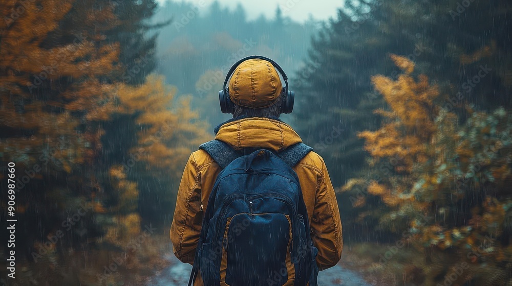 Fototapeta premium Rainy Day Hiking with Headphones.