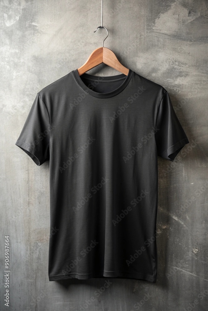 Black t-shirt on a clothes hanger on a gray background Black t-shirt on a clothes hanger on a gray background