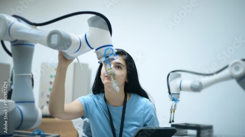 Female Robotics engineer working with Programming and Manipulating Robot Hand