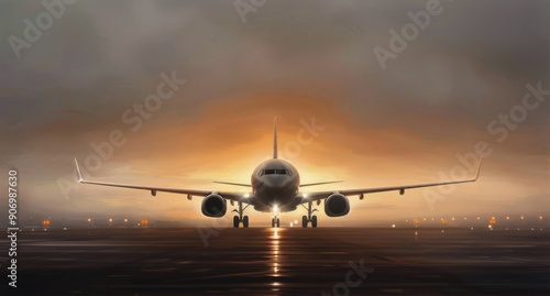 Airplane Preparing for Takeoff at Sunset in a Quiet Airport