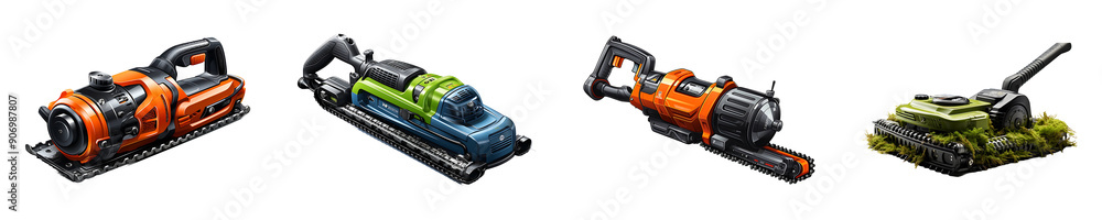 Set, Collection of Electric Brush Cutter isolated on transparent background. Set, Collection of Electric Brush Cutter isolated on transparent background.
